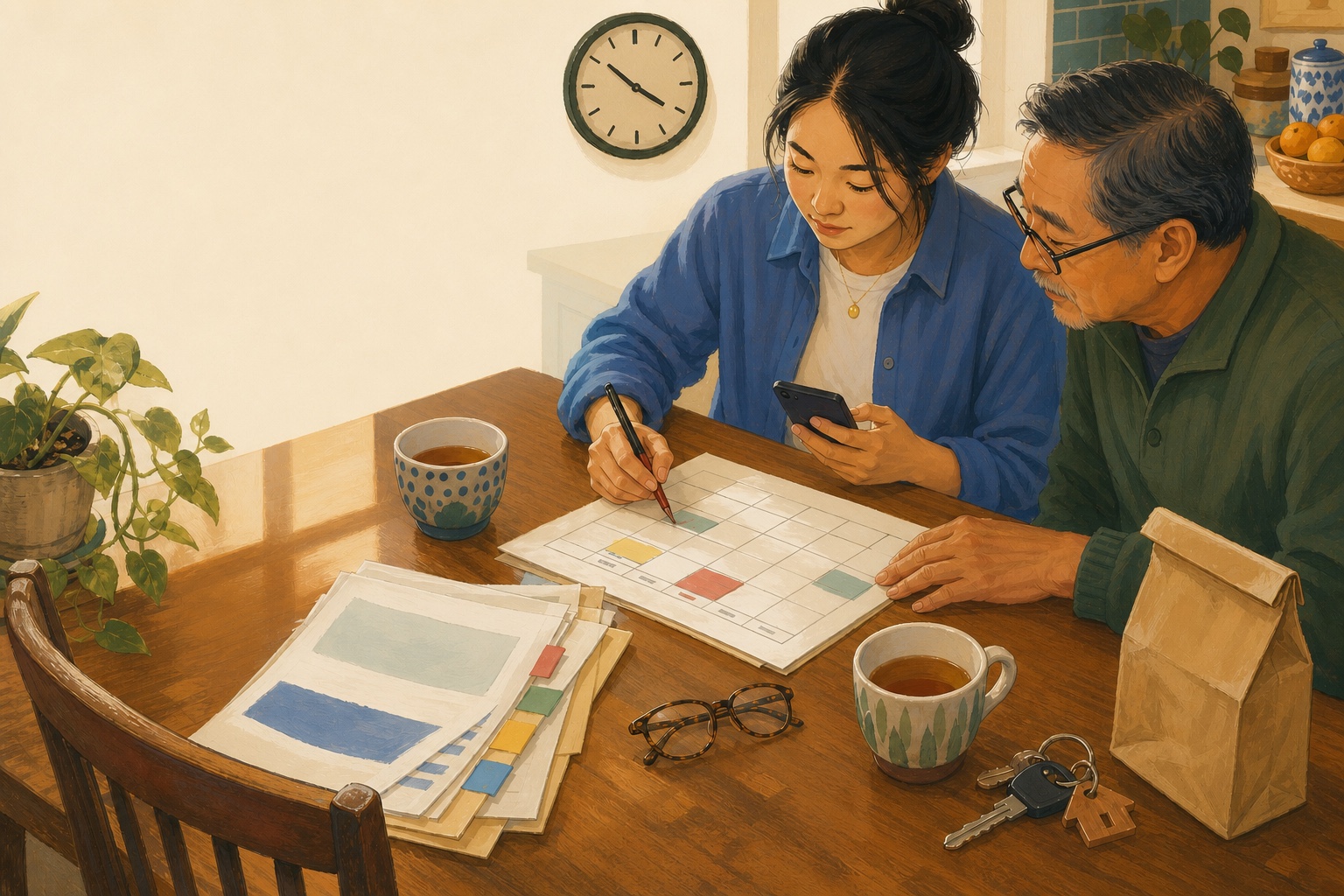 A daughter and her father review a calendar together at their kitchen table